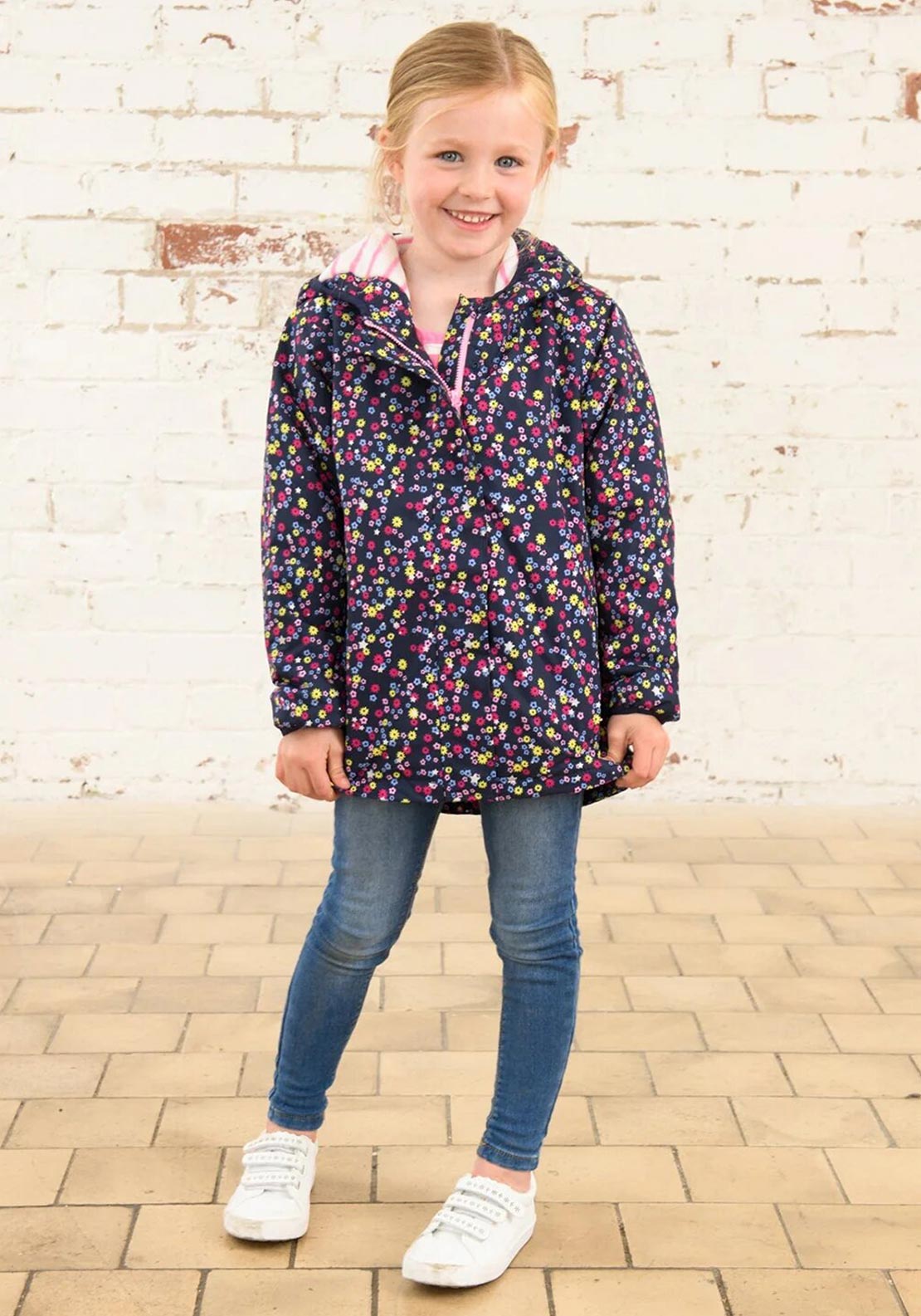 Little Lighthouse Girl Freya Floral Print Waterproof Coat, Navy