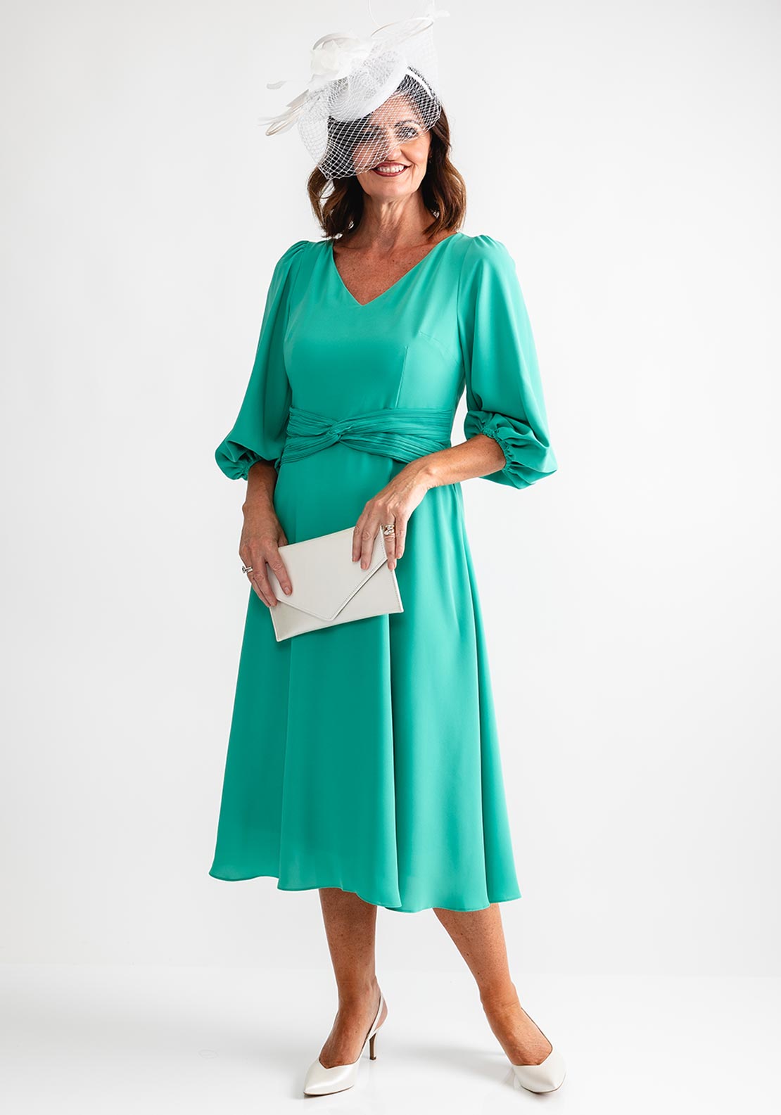 Lizabella Knit Waist V Neck Midi Dress, Jade Green - McElhinneys Lizabella Knit Waist V Neck Midi Dress, Jade Green - McElhinneys