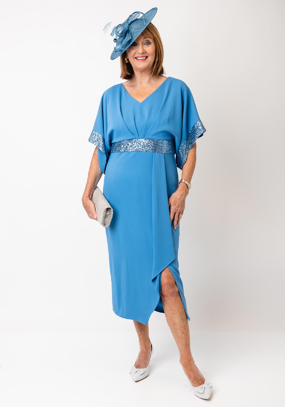 Lizabella V-Neck Sequin Midi Dress, Light Blue