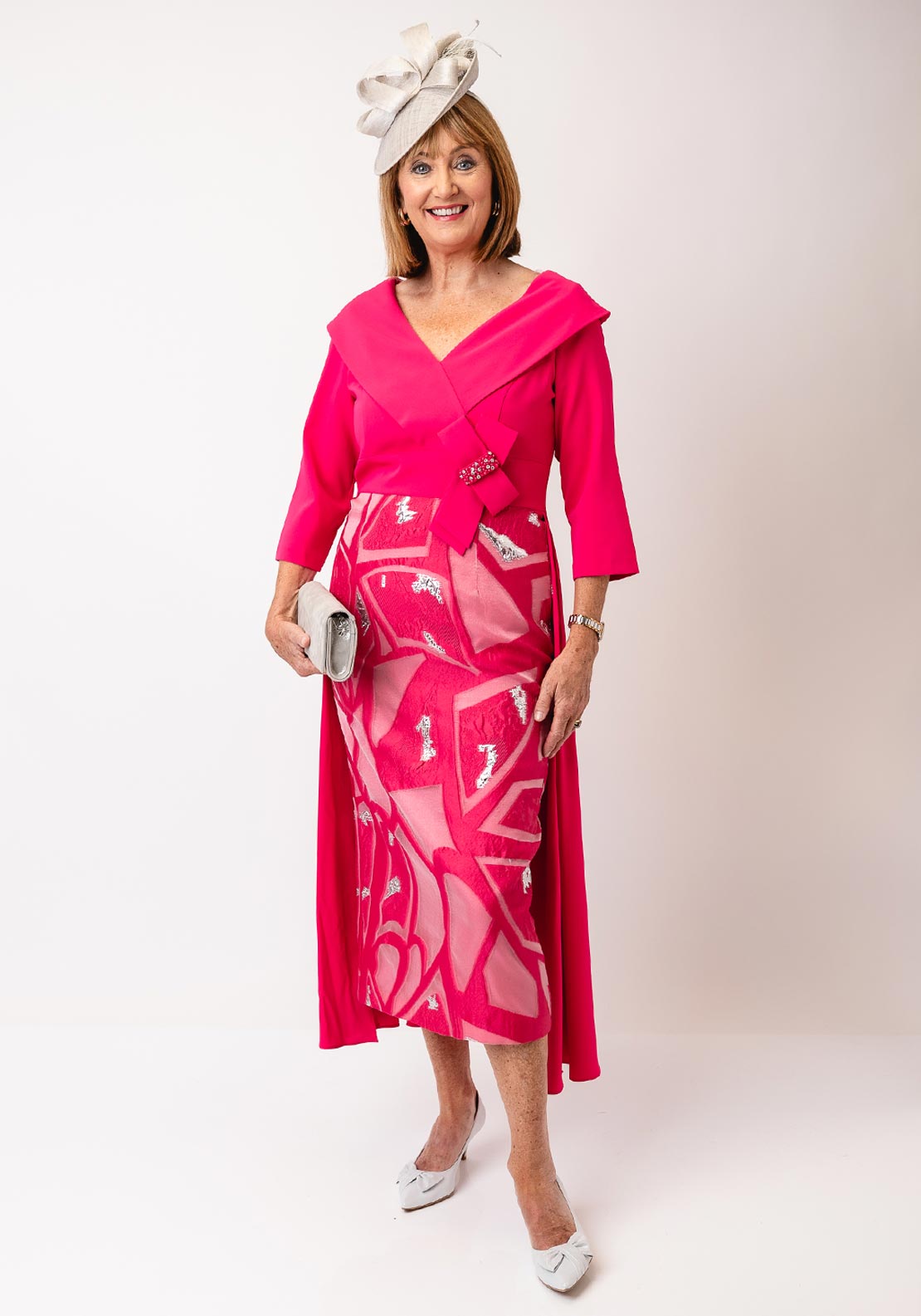 Lizabella A-Line Diamante Bow V-Neck Dress, Pink