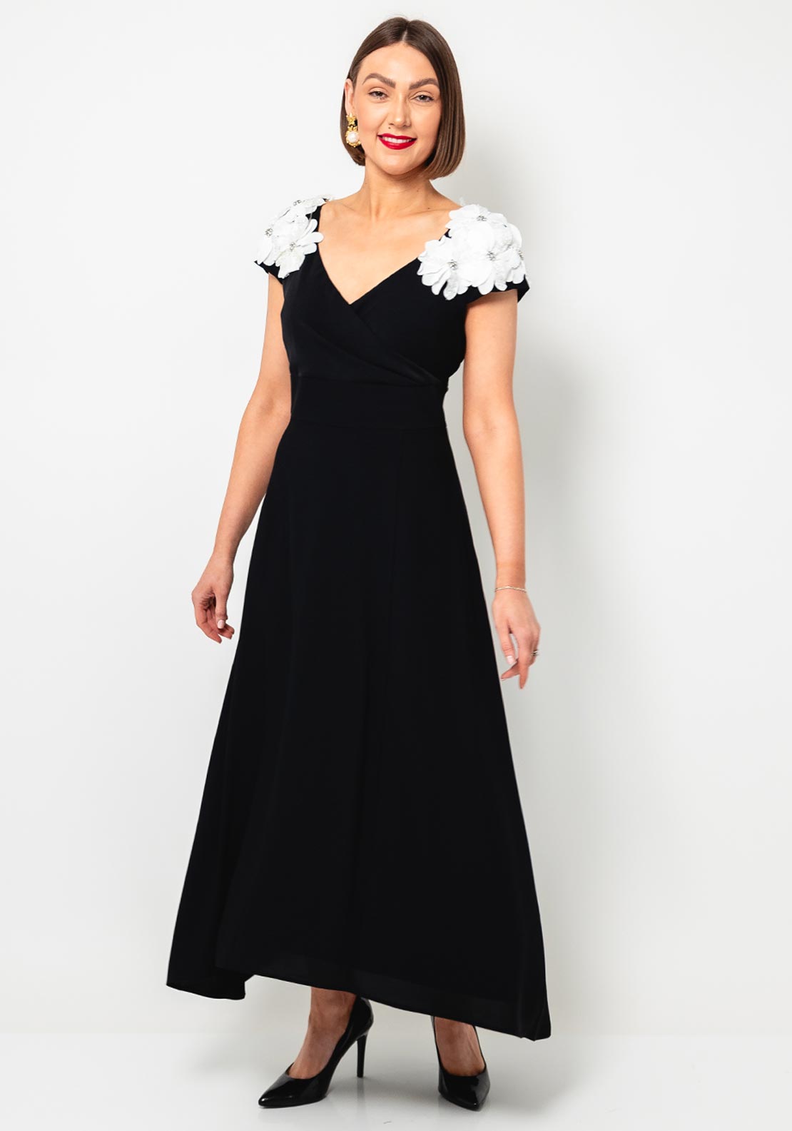 Lizabella Embellished Flower Flared Dress, Black