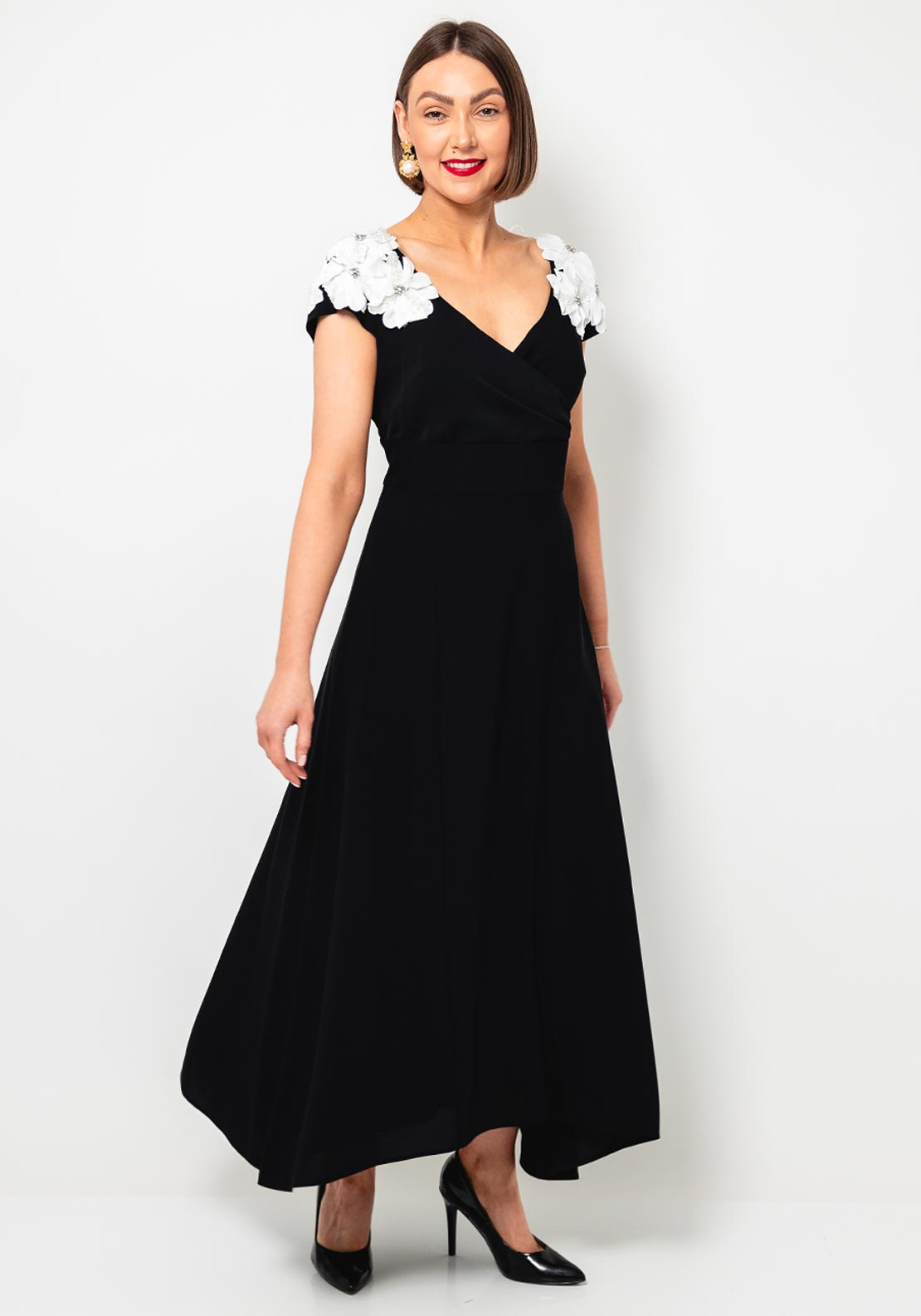 Lizabella Embellished Flower Flared Dress, Black
