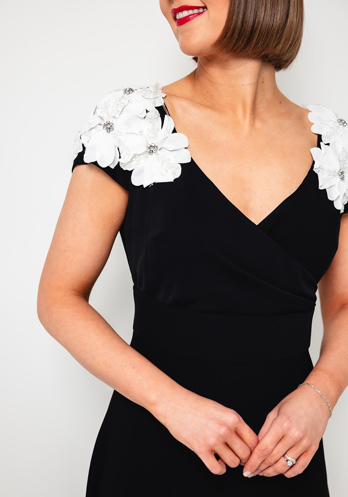 Lizabella Embellished Flower Flared Dress, Black