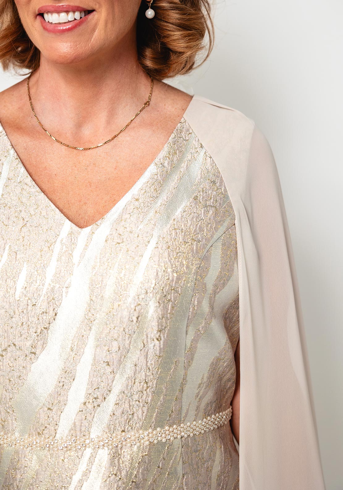 Lizabella Metallic Jacquard Chiffon Sleeve Dress, Champagne