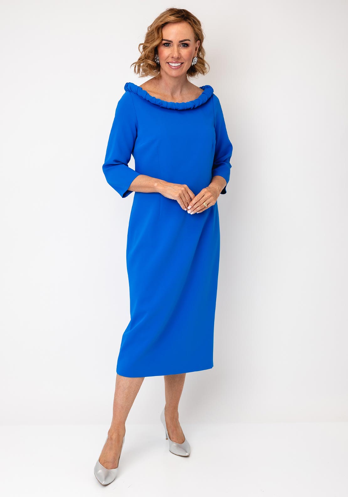Lizabella Ruched Neck Midi Pencil Dress, Blue