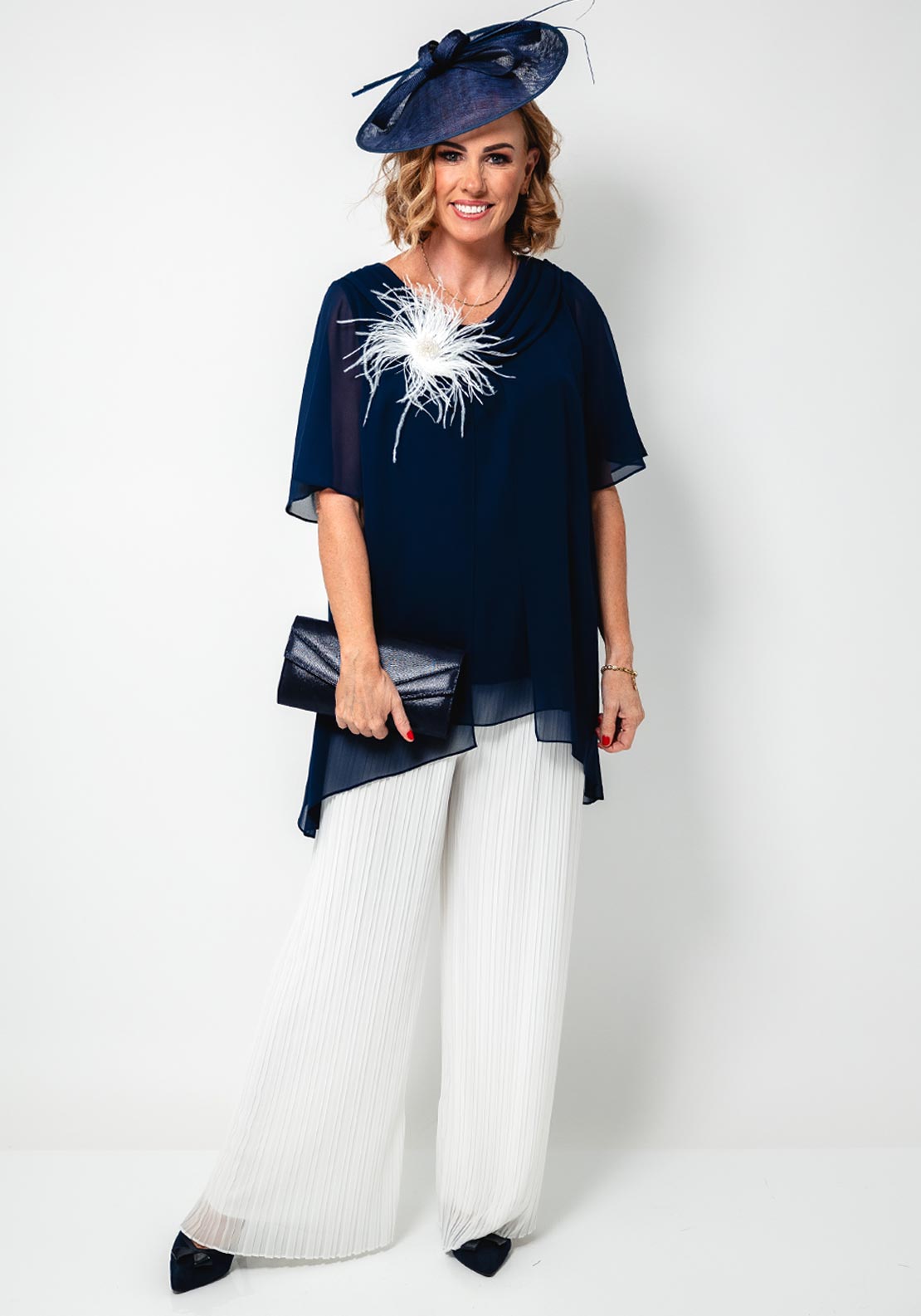 Lizabella Chiffon Top and Pleated Trousers Set, Navy - McElhinneys