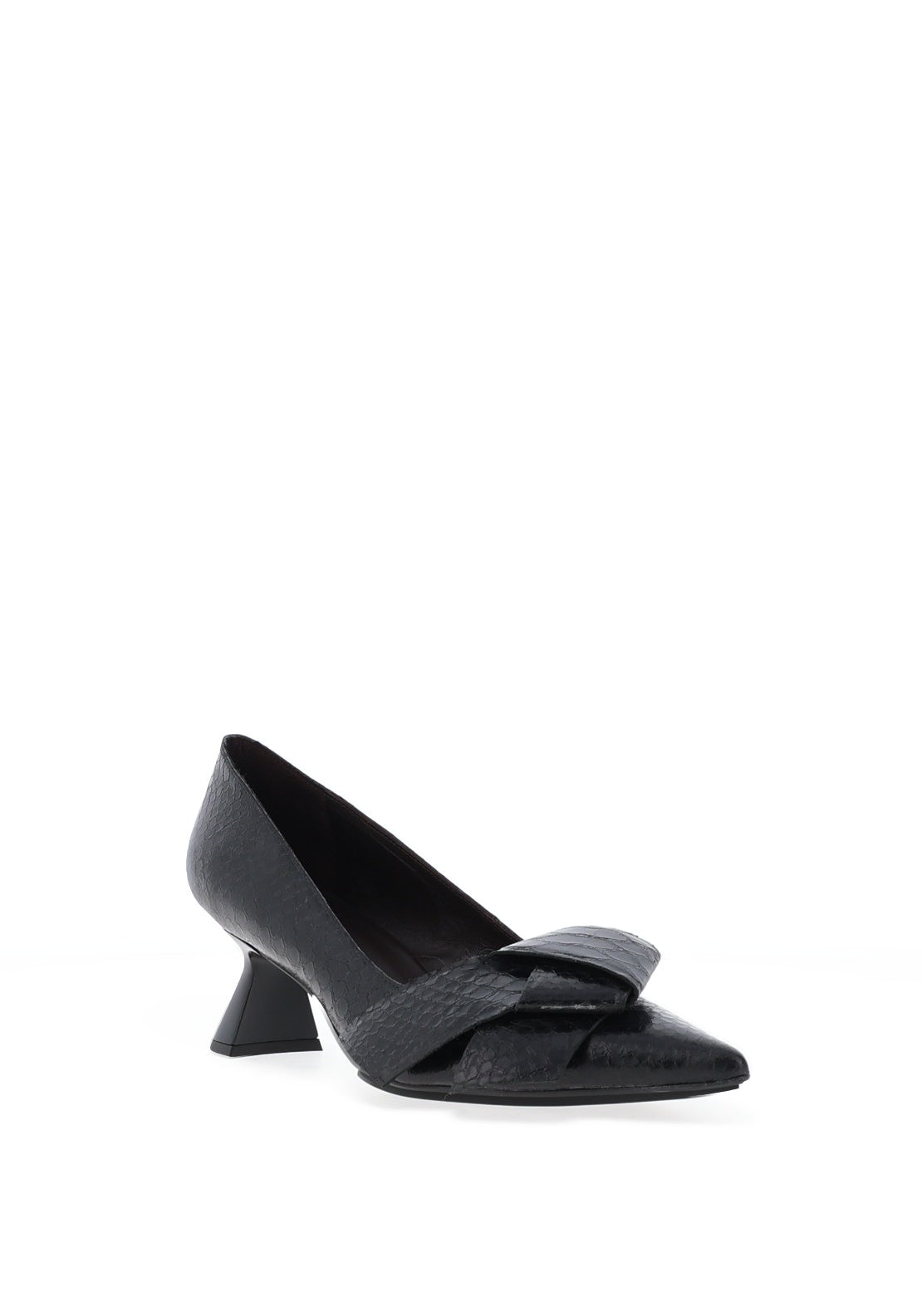 Lodi Kyle Leather Reptile Printed Geo Heels, Black