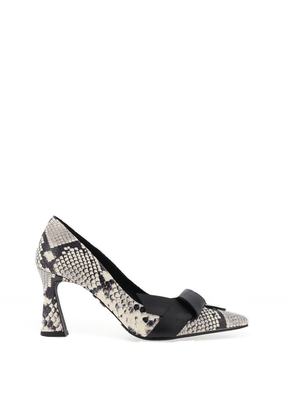 Lodi Ronco Snake Printed Bow Court Heels, Black Cream