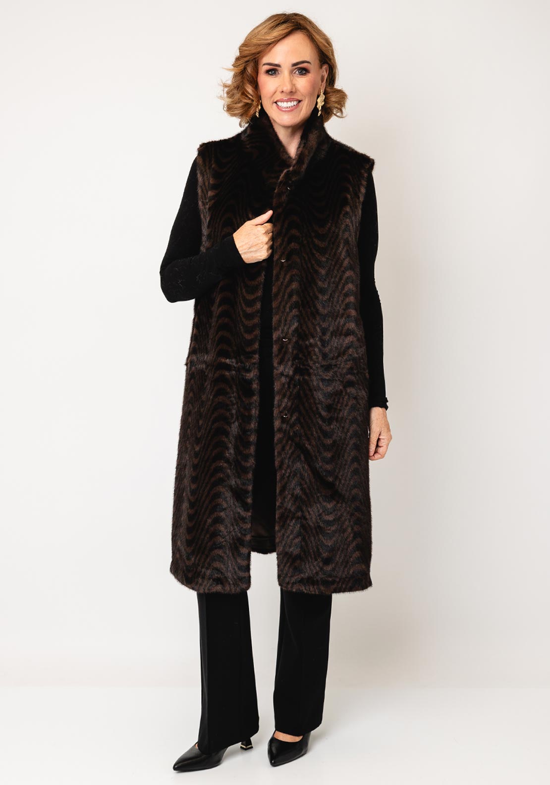 Malissa J One Size Faux Fur Long Gilet, Brown