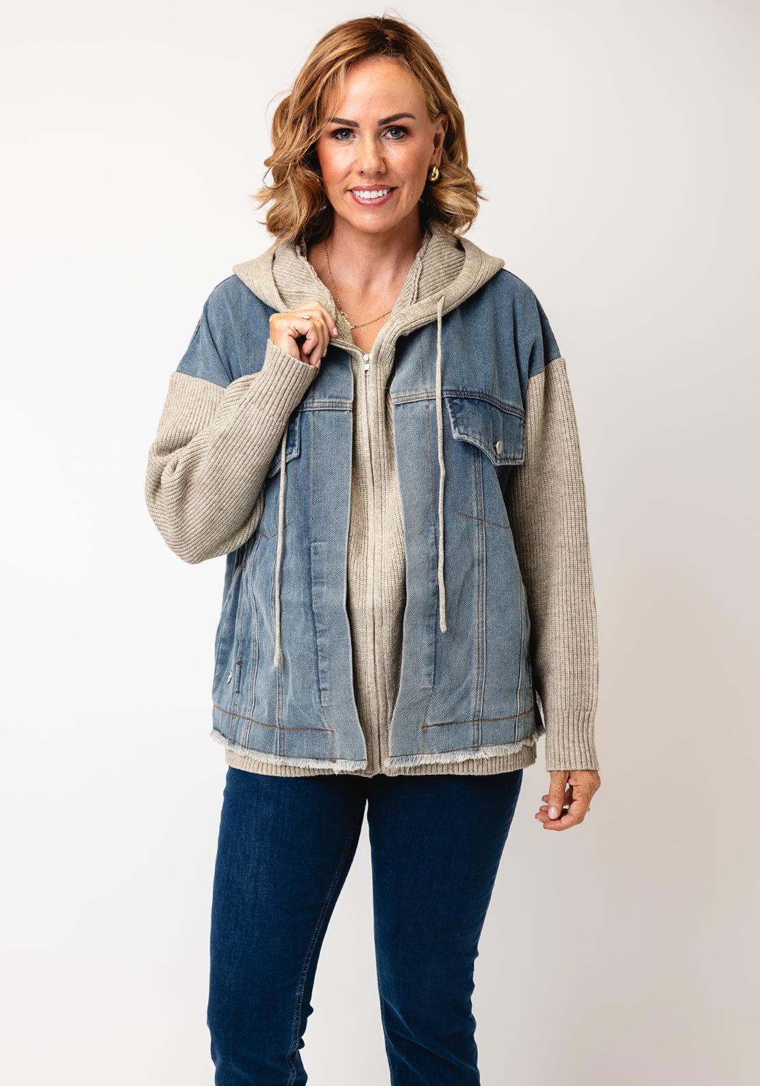 Malissa J Contrasting Zip UP Hooded Knit Denim Jacket One Size, Stone