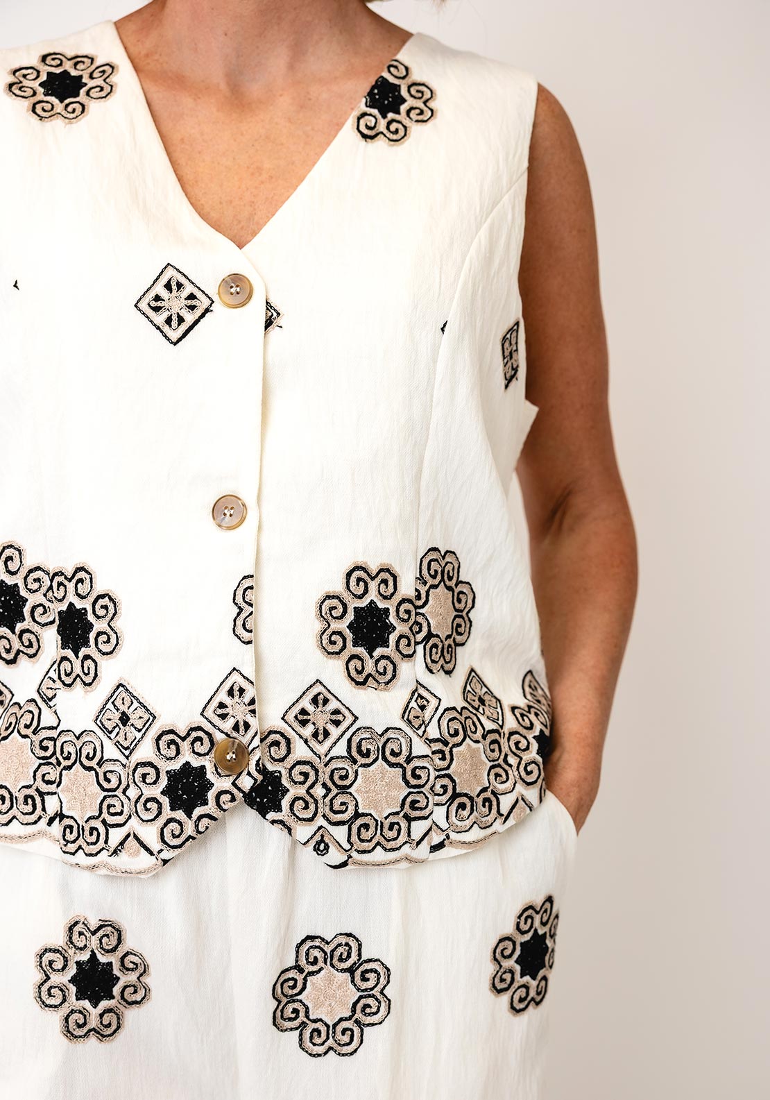 Malissa J Vintage Print with Embroidery Detail Waistcoat, Cream
