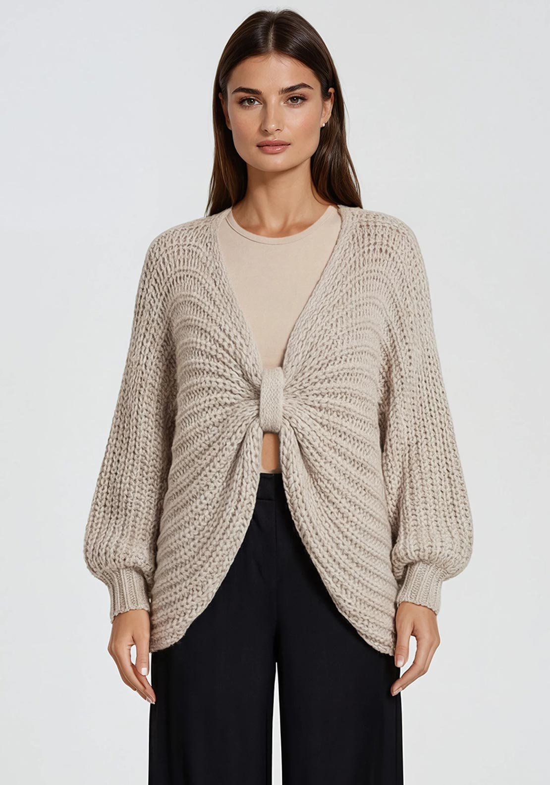 Malissa J One Size Bow Chunky Knit Poncho Jumper, Stone Beige