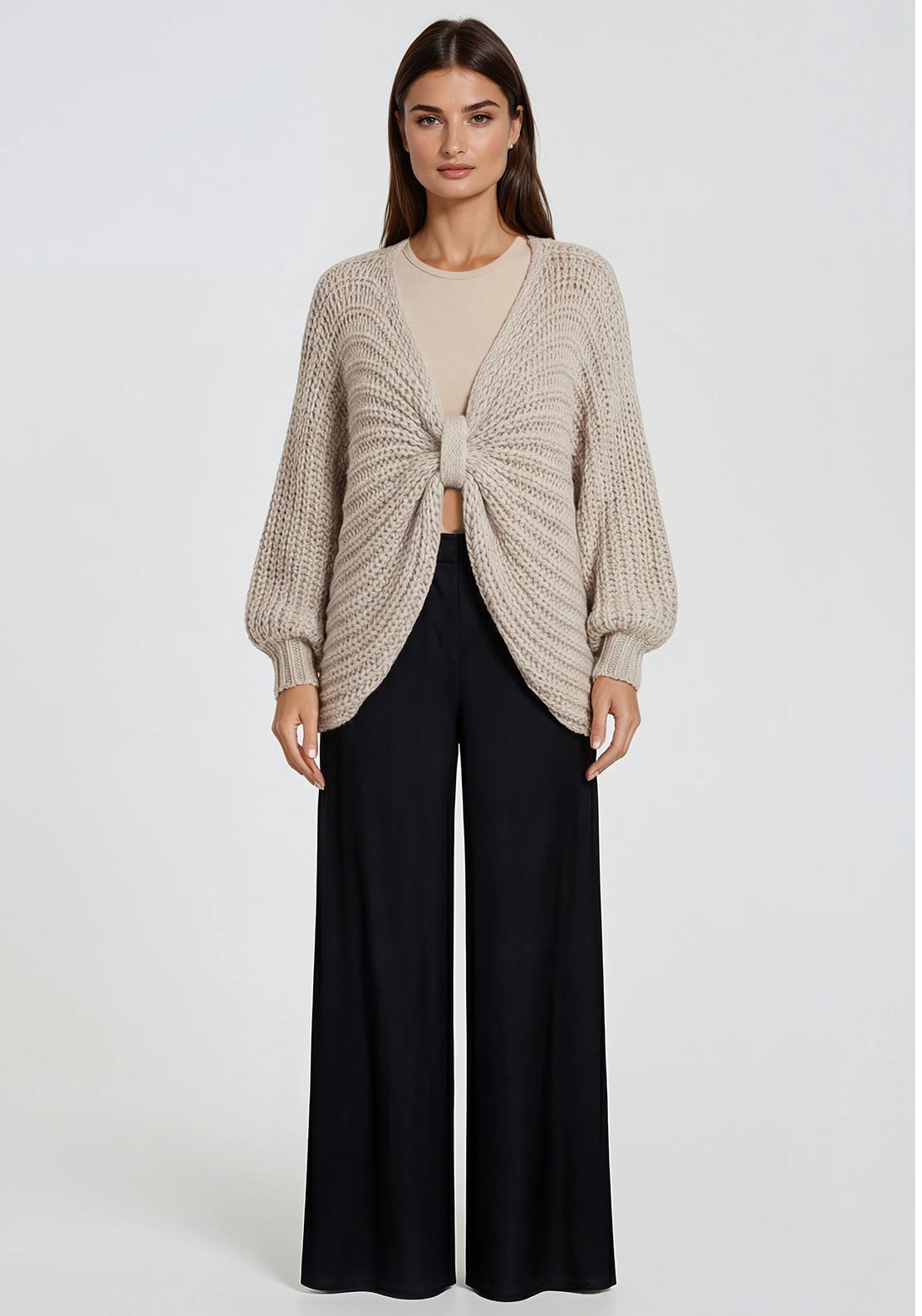 Malissa J One Size Bow Chunky Knit Poncho Jumper, Stone Beige