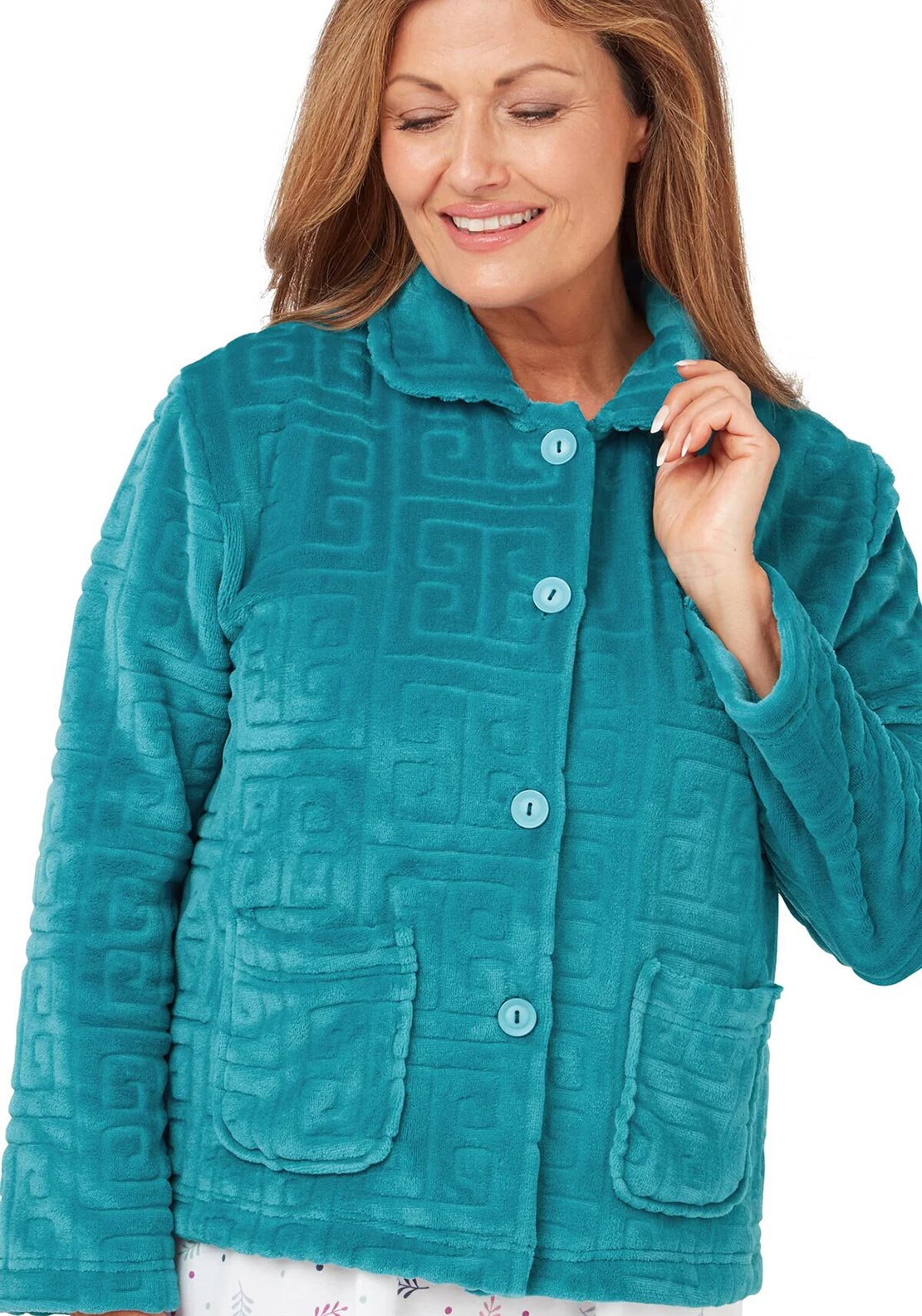 Marlon Greek Embossed Fleece Bed Jacket, Teal McElhinneys