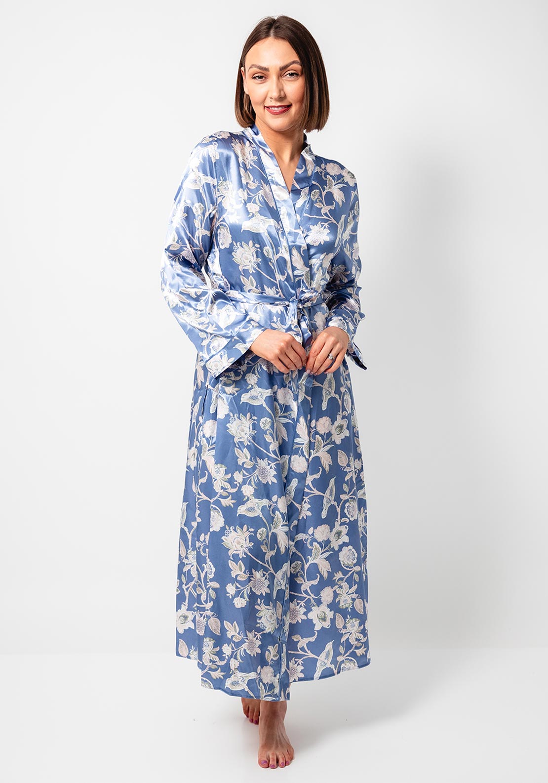 Marlon Floral Long Sleeve Satin Robe, Blue
