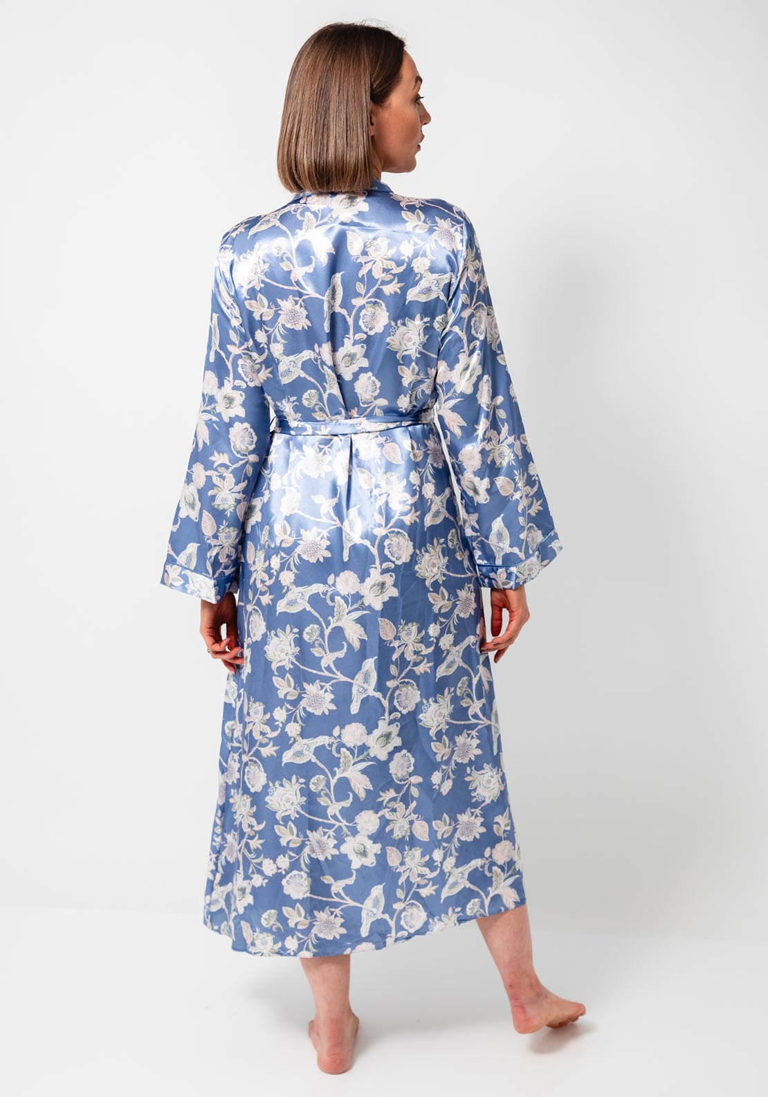 Marlon Floral Long Sleeve Satin Robe, Blue
