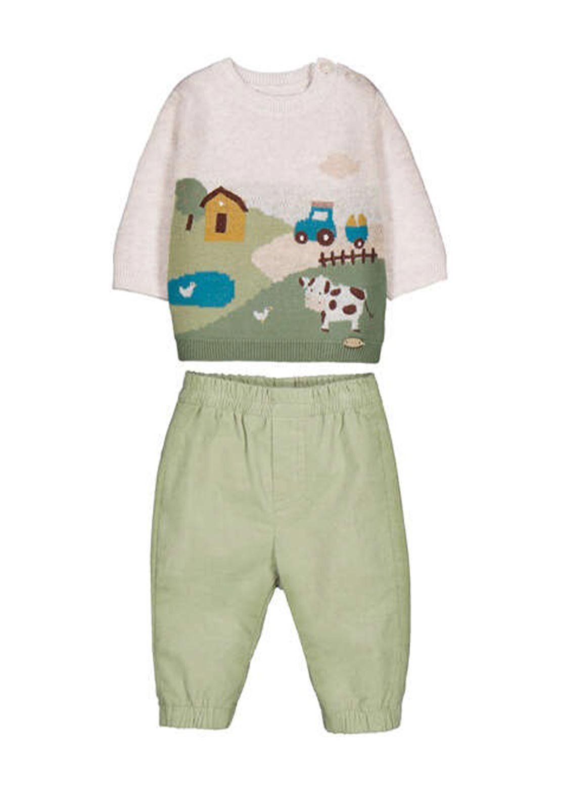 Mayoral Baby Boy Farmyard Jumper and Trouser Set, Green