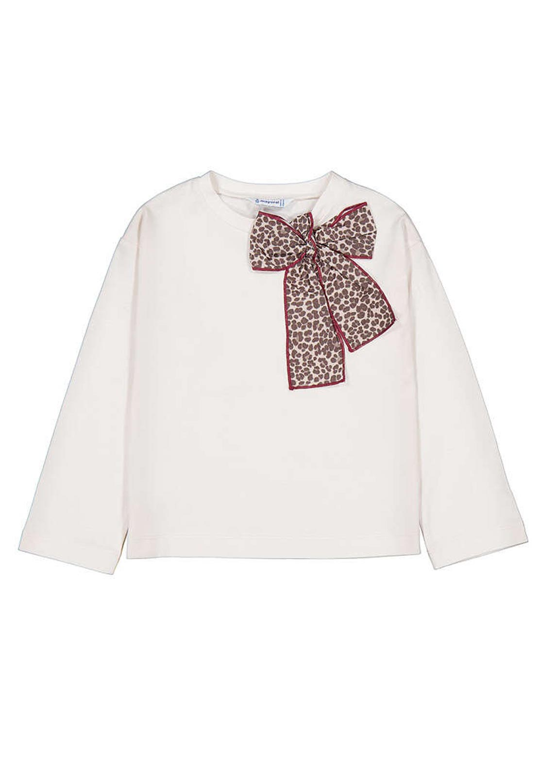 Mayoral Mini Girl Leopard Print Bow Long Sleeve Top, Cream