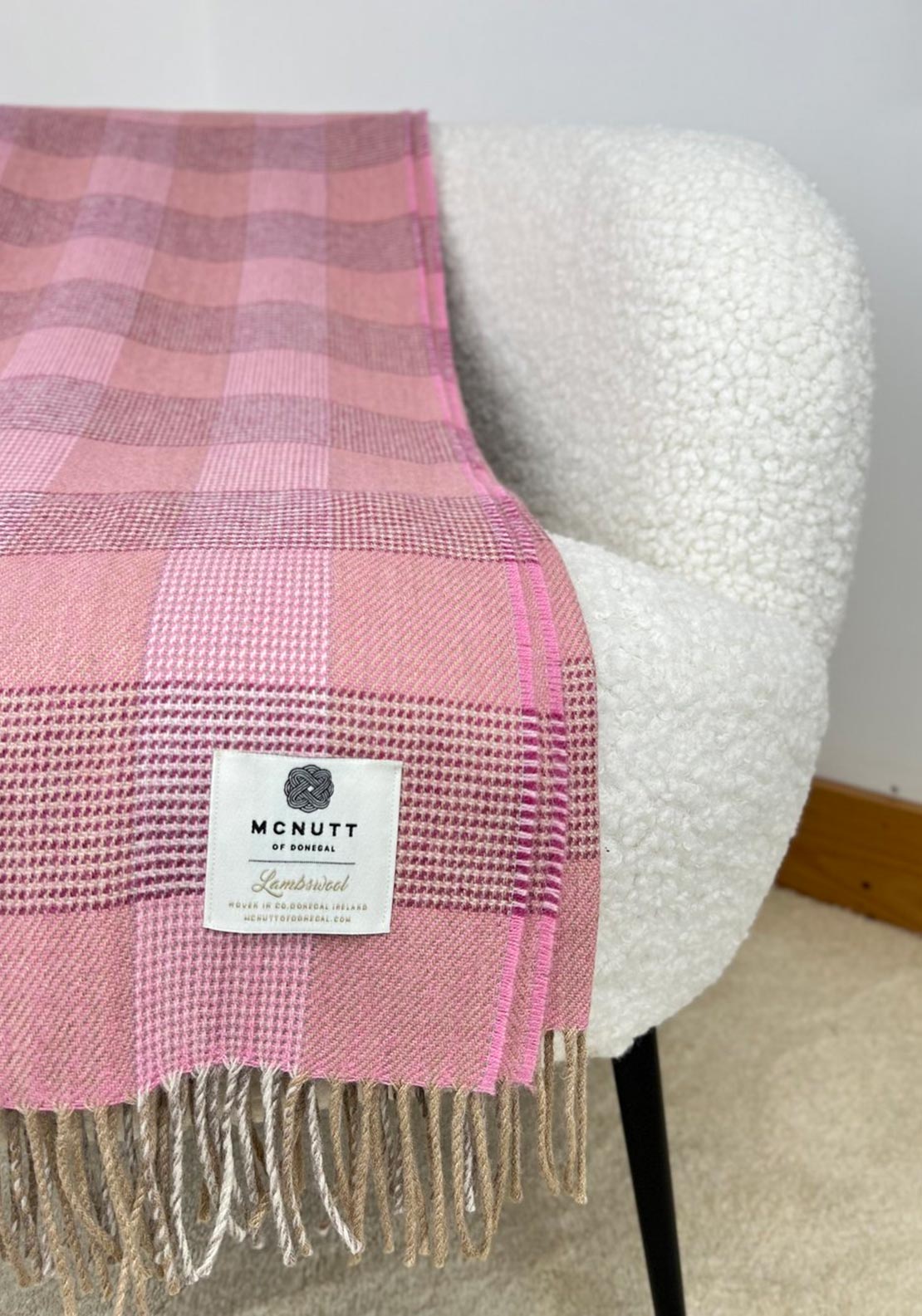 McNutt of Donegal Saoirse Lambswool Check Throw, Pink