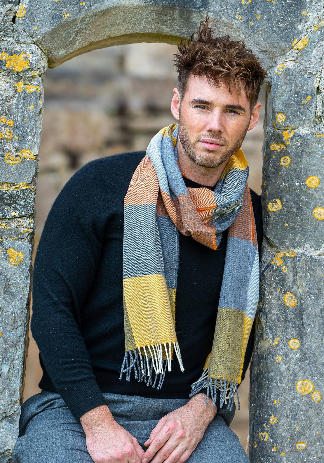 L WOOL ORANGE SMOKE CHECK SCARF