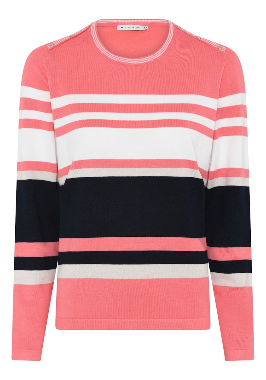 Micha Striped Button Shoulder Sweater, Coral