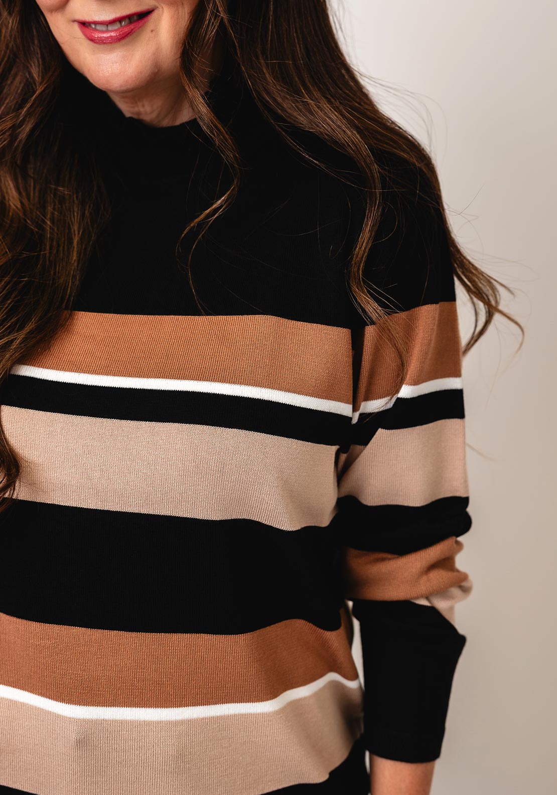 Micha Stripe Frill High Neck Jumper, Black & Beige