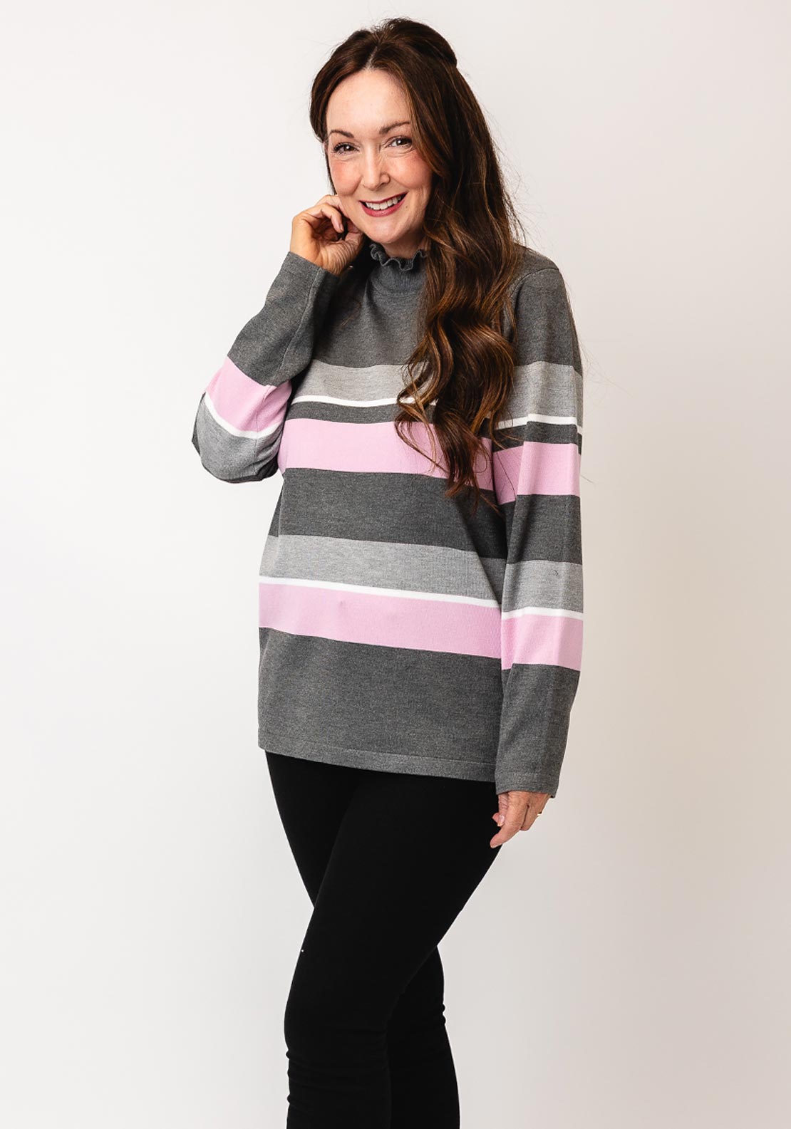 Micha Stripe Frill High Neck Jumper, Grey & Pink