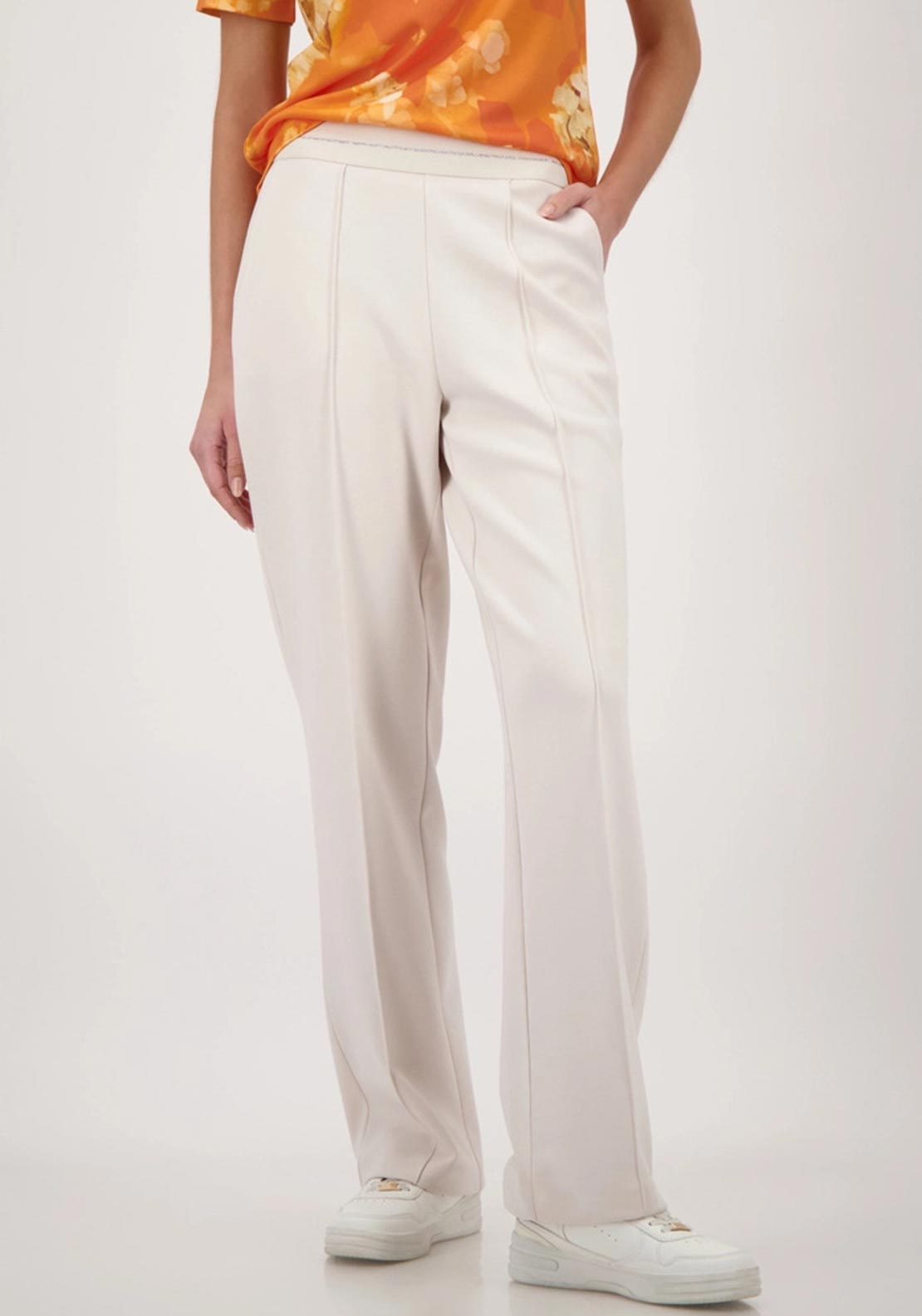 Monari Glitter Stripe Elasticated Straight Leg Trousers, Cream