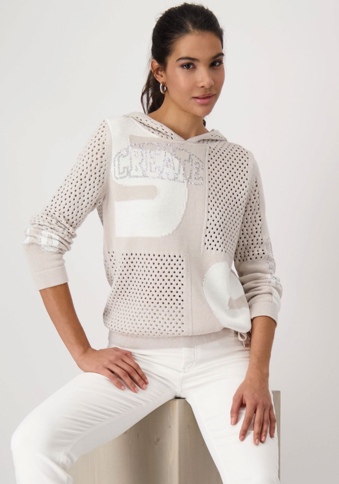 Monari Embellished Knit Hoodie, Beige and White McElhinneys