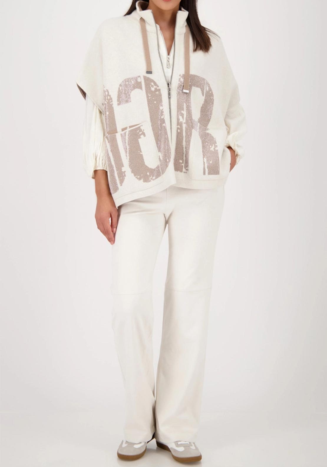 Monari Rhinestone Embellished Reversible Knit Jacket, Cream and Brown