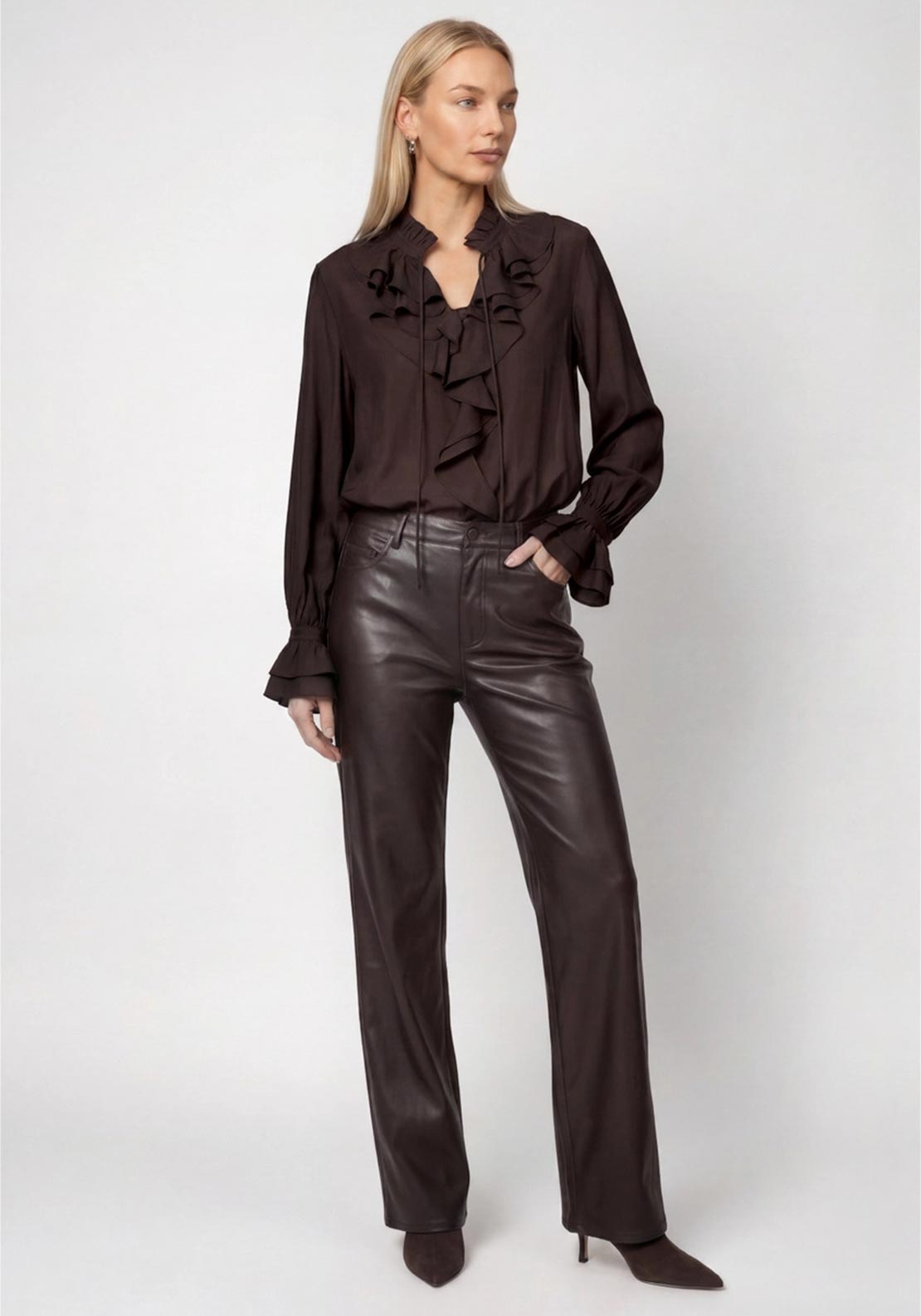 Monari Long Sleeve with Flounce Detail Blouse, Brown