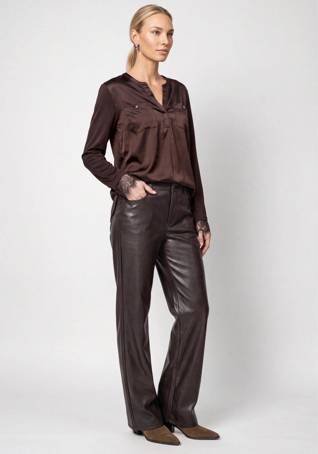 Monari Round Neckline with Lace Detail Blouse, Brown