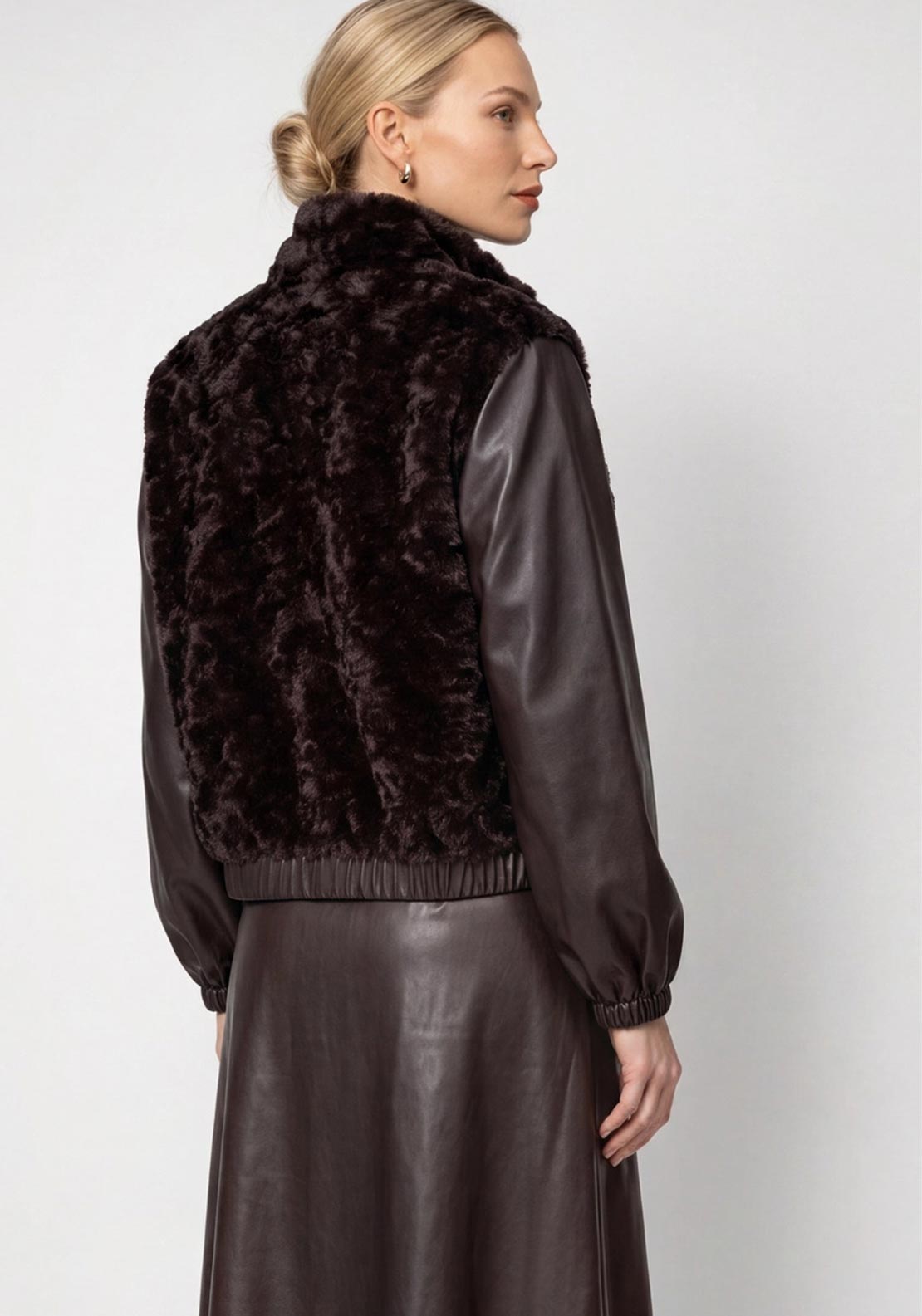 Monari Faux Fur and Faux Leather Jacket, Brown