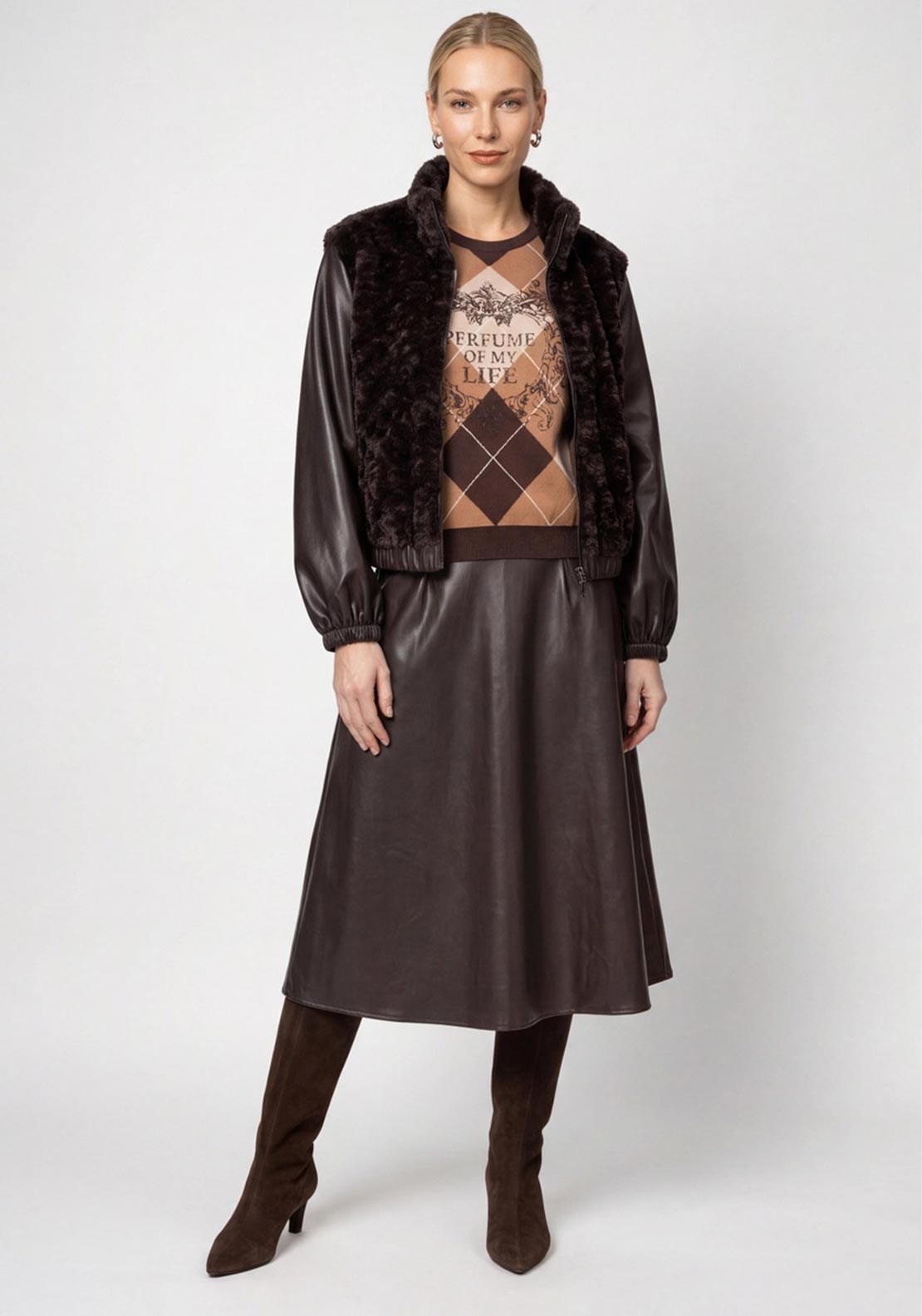 Monari Faux Fur and Faux Leather Jacket, Brown