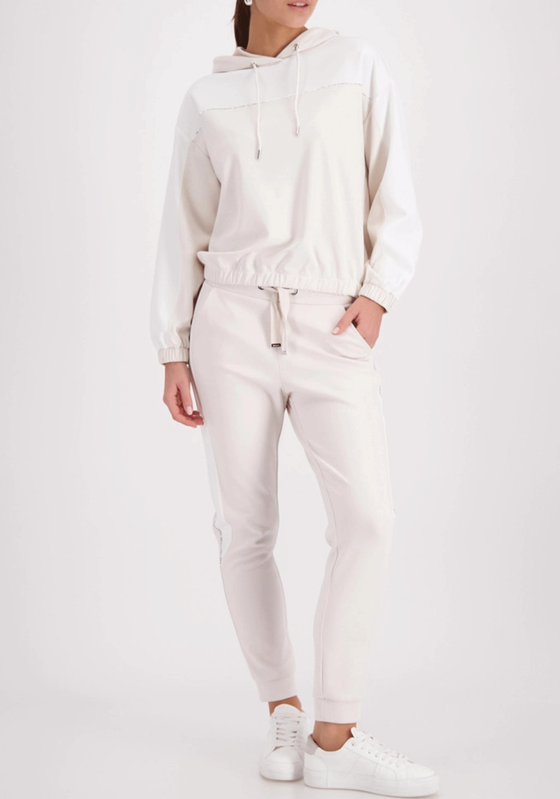 Monari Colour Block Rhinestone Trim Hoodie, Cream
