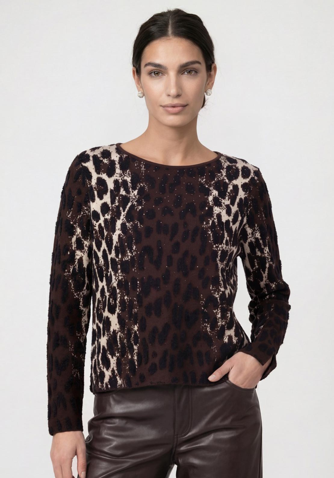 Monari Leopard Print Jacquard Knitted Jumper, Brown Multi