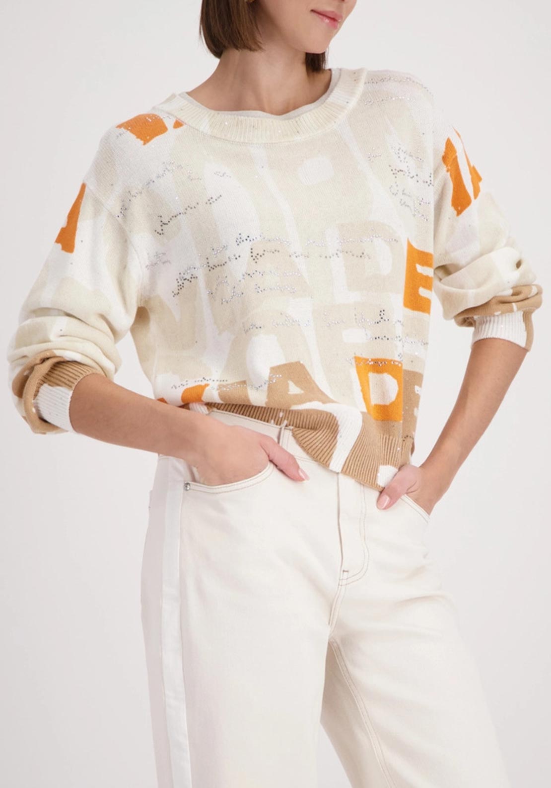 Monari Monogram Rhinestone Knit Jumper, Beige