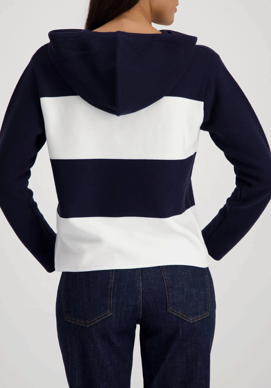 Monari Striped Rhinestone Knit Hoodie, Navy and White