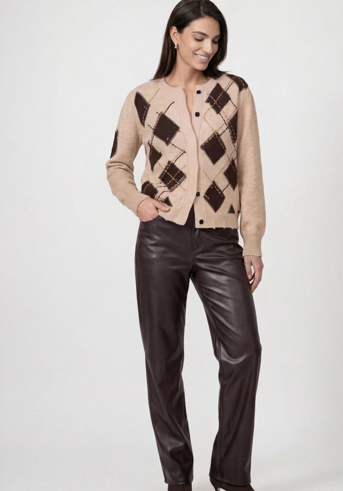 Monari Diamond Pattern with Embroidery Detail Cardigan, Light Taupe Multi