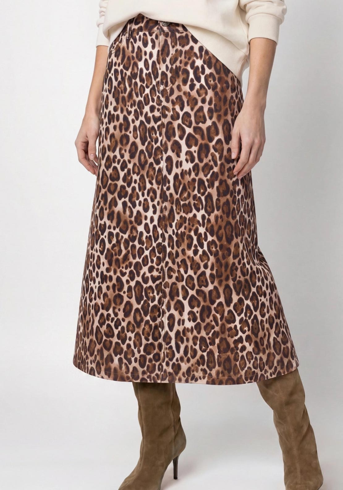 Monari Leopard Print Denim Midi Skirt, Beige Multi
