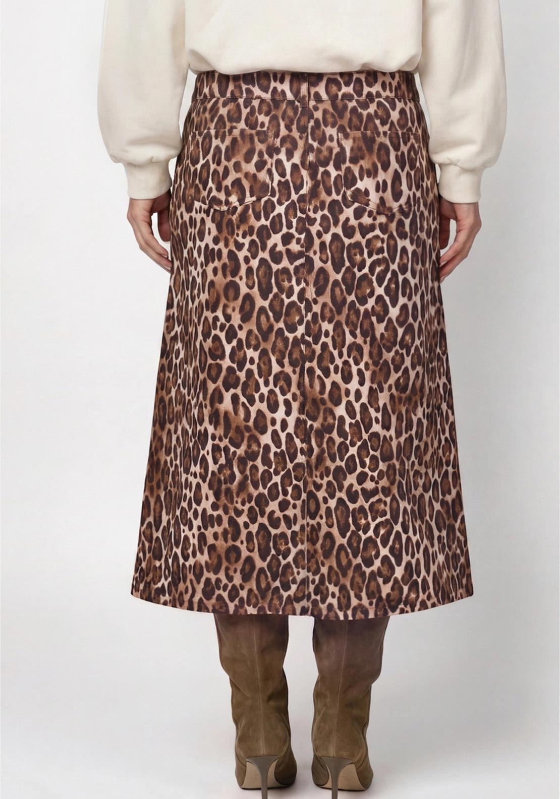 Monari Leopard Print Denim Midi Skirt, Beige Multi
