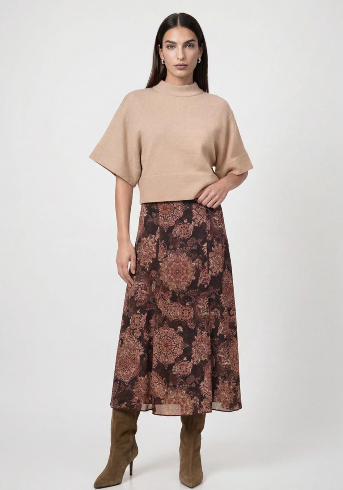 Monari Paisley Pattern Midi Skirt, Brown Multi