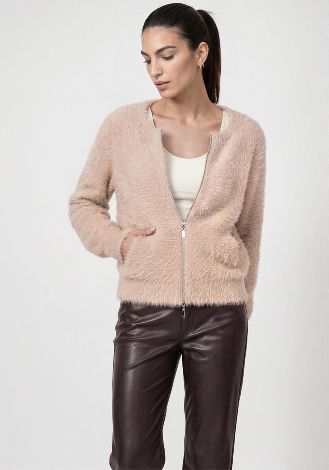 Monari Fluffy Textured Zip Up Cardigan, Beige