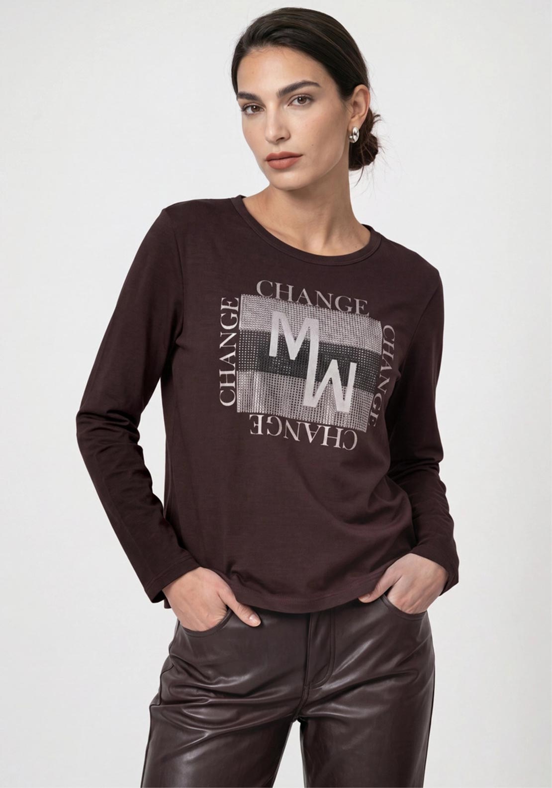 Monari Long Sleeve with Rhinestones Top, Brown