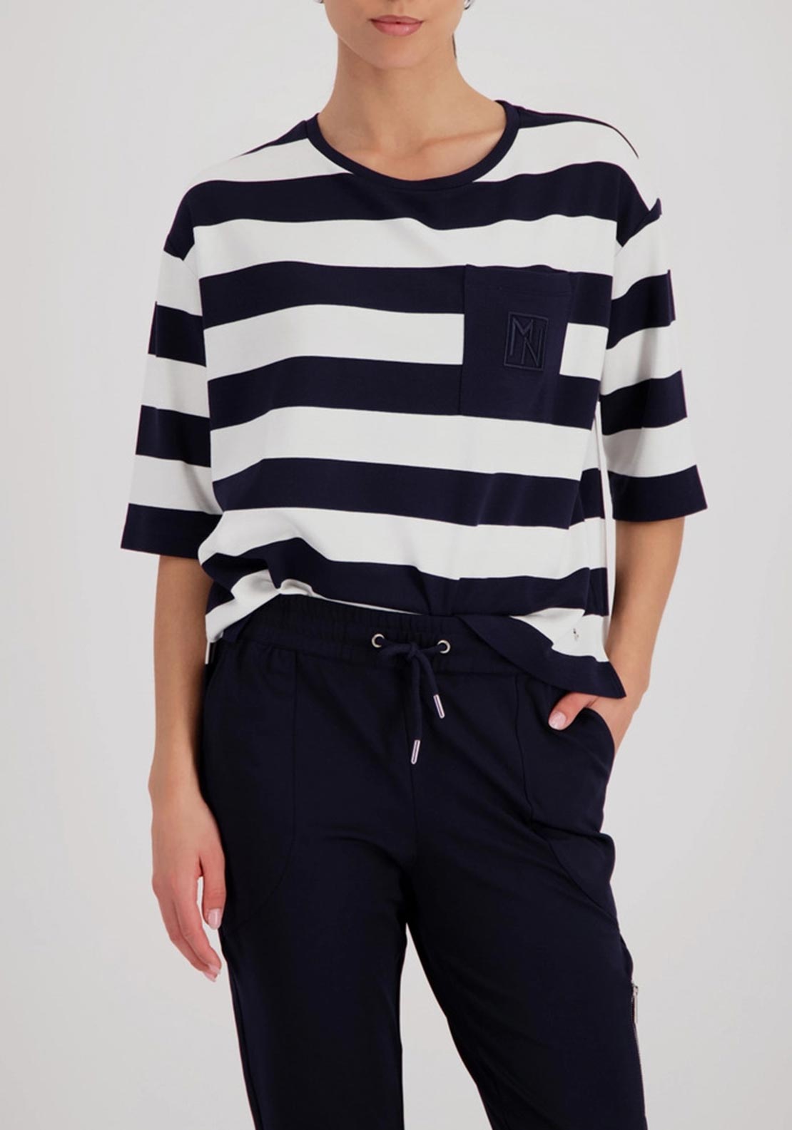Monari Striped with Pocket Detail Top, White and Navy