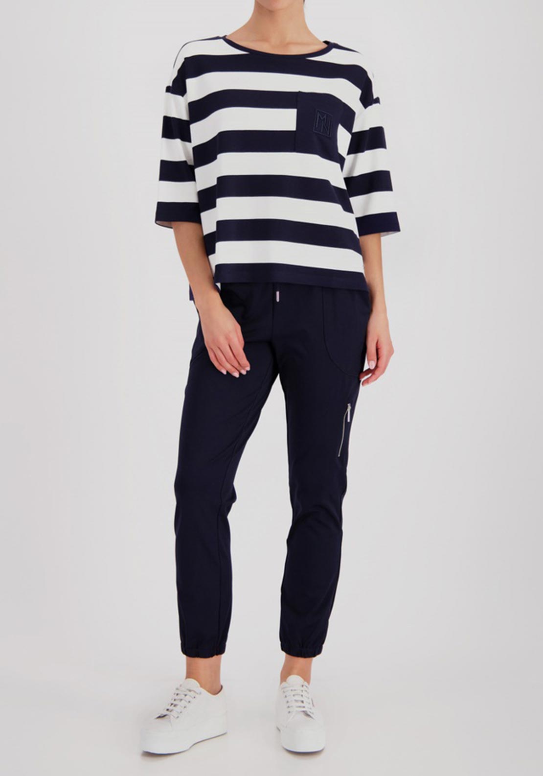 Monari Striped with Pocket Detail Top, White and Navy