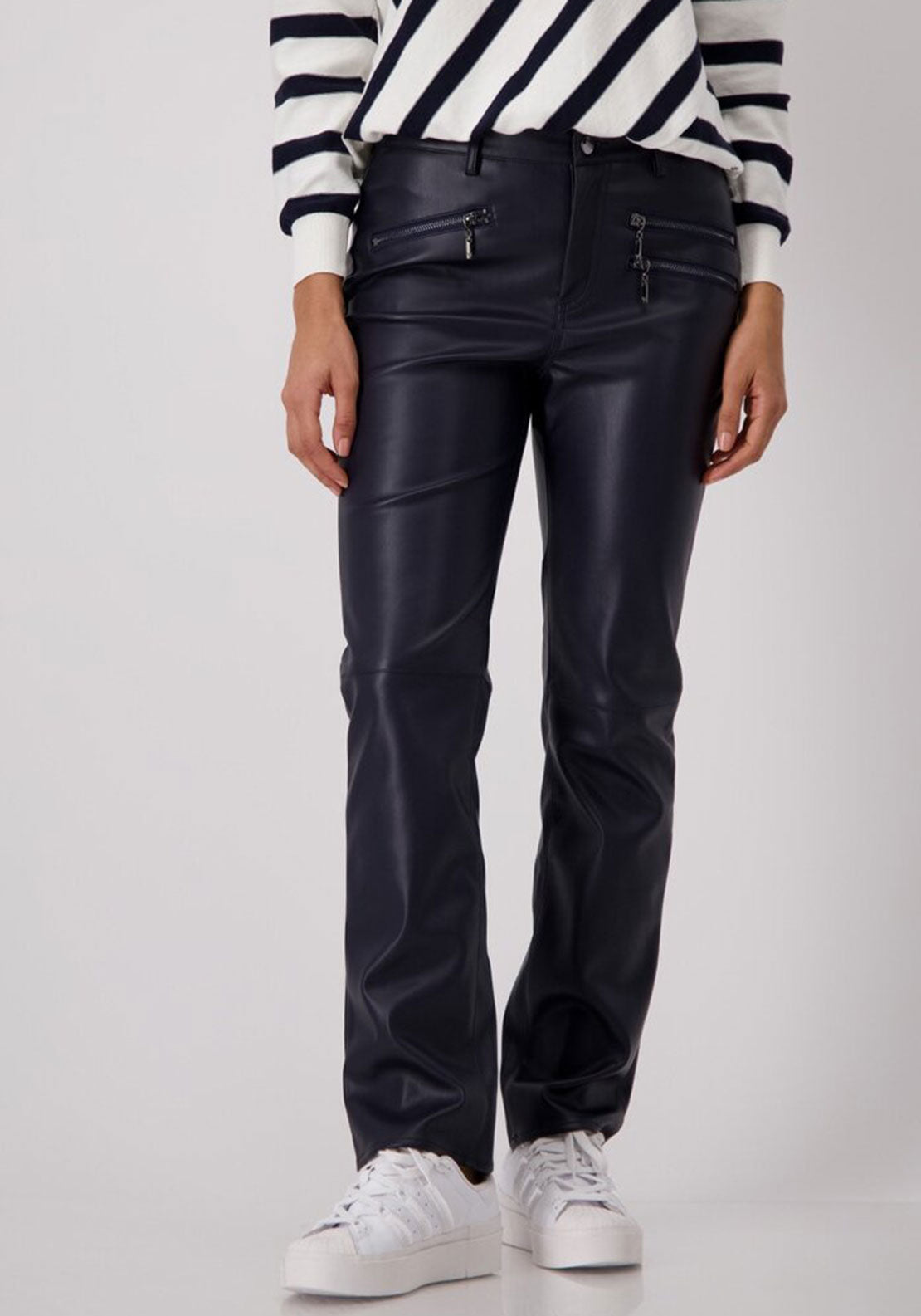 Monari Faux Leather Straight Cut Trousers, Navy McElhinneys