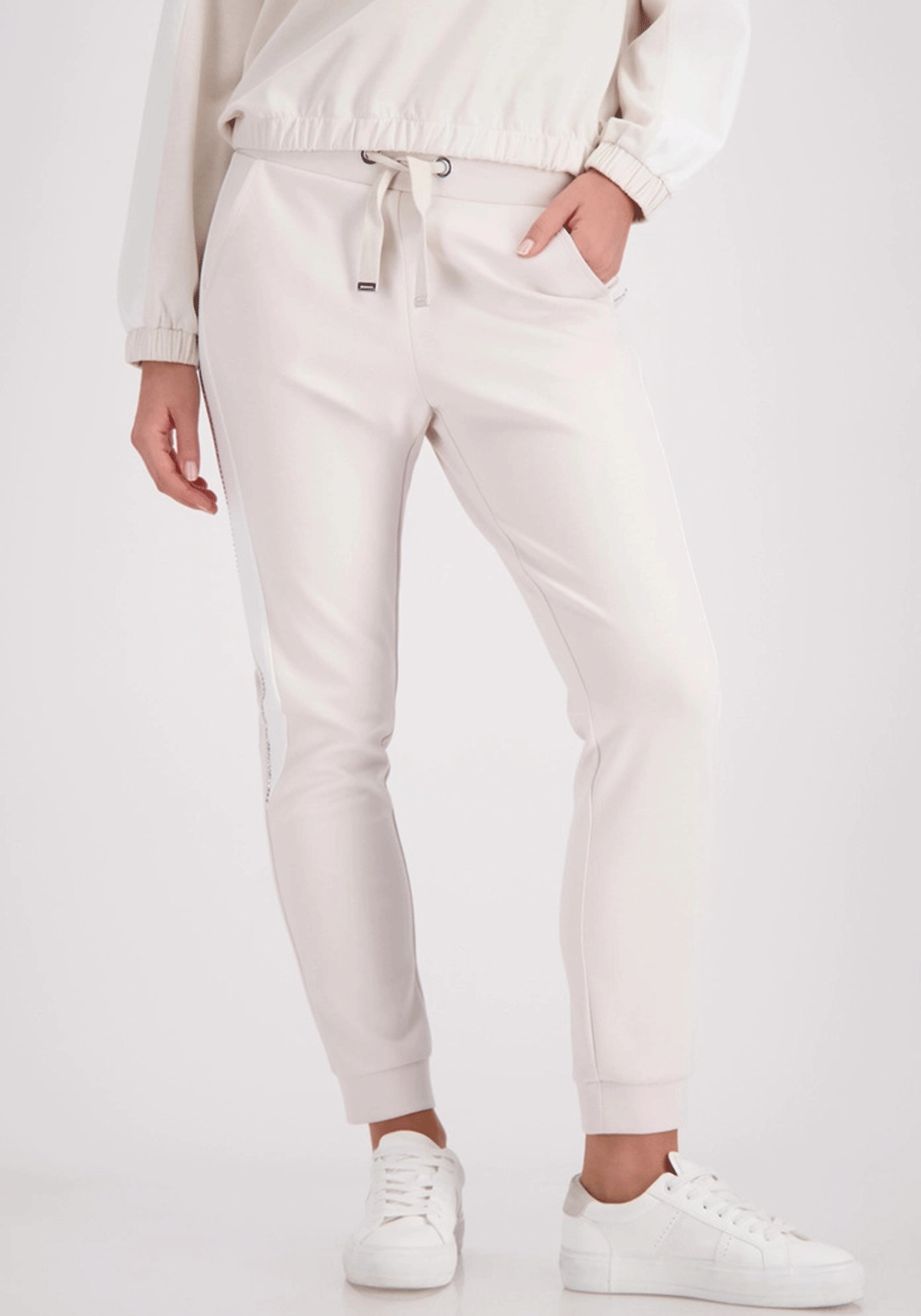 Monari Rhinestone Slim Leg Cuff Trousers, Cream