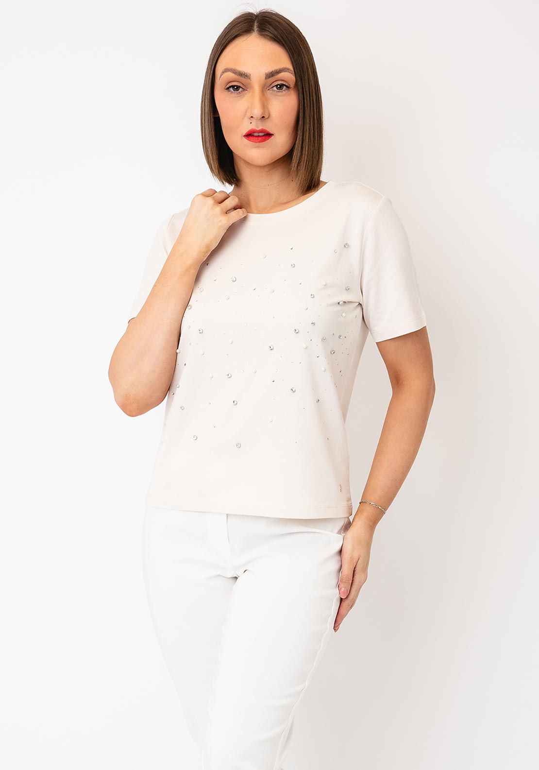 Monari Pearl & Rhinestone Detail T-Shirt, Beige