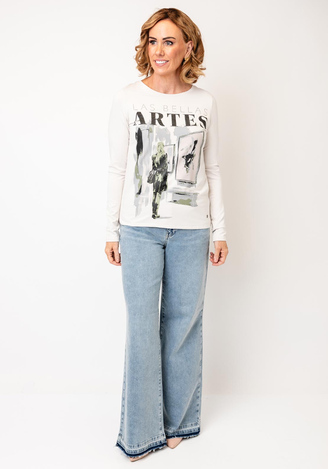 Monari Graphic Print Rhinestone Embellished Top, Beige